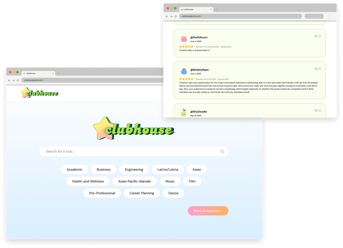 The Clubhouse home page and a club's reviews, shown in two overlapping browser windows