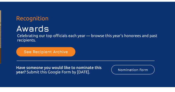 Awards page hero with a primary recipient archive button and a secondary nomination form button