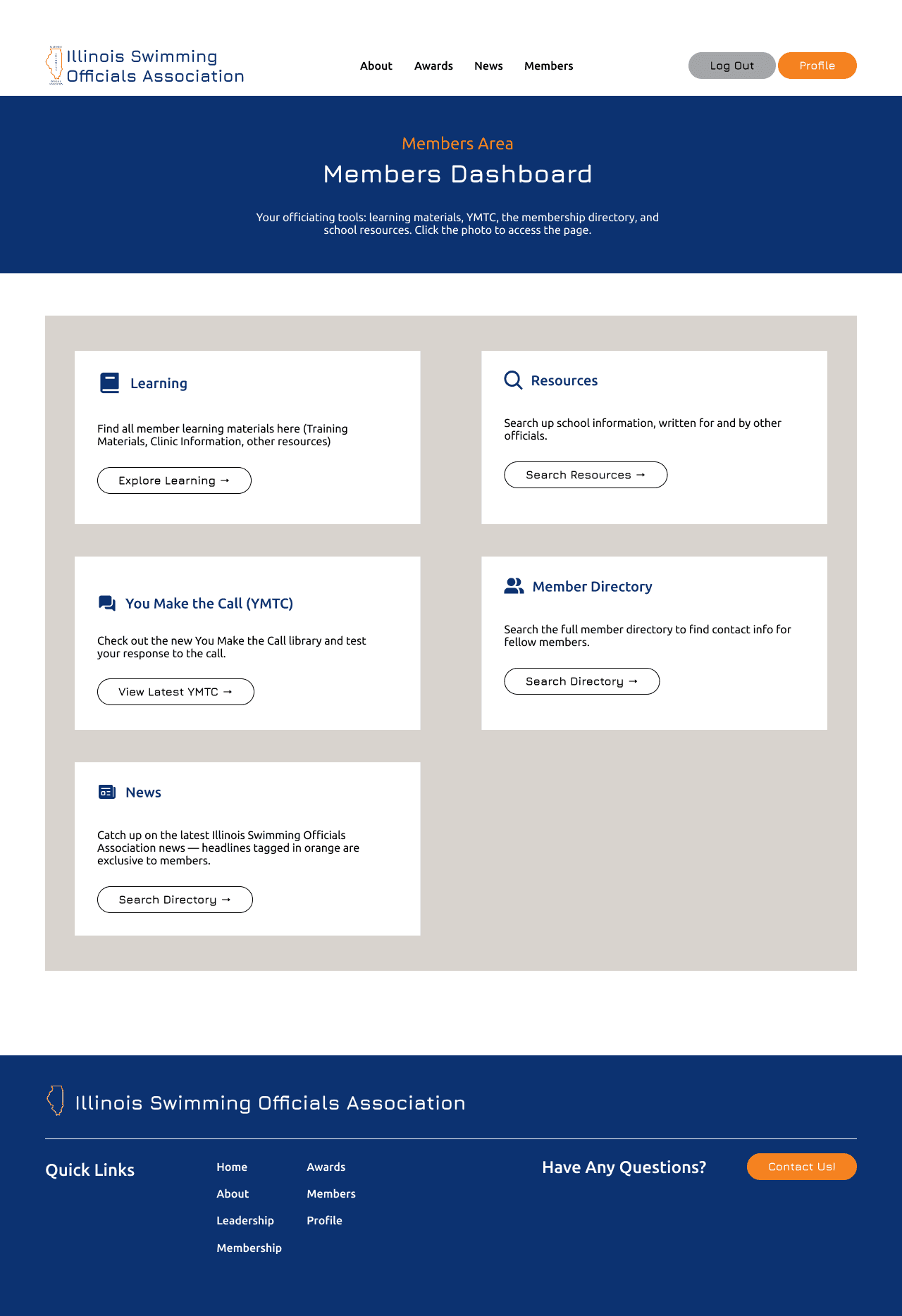 The ISOA members landing page with a signed-in navigation and dashboard cards for member tools