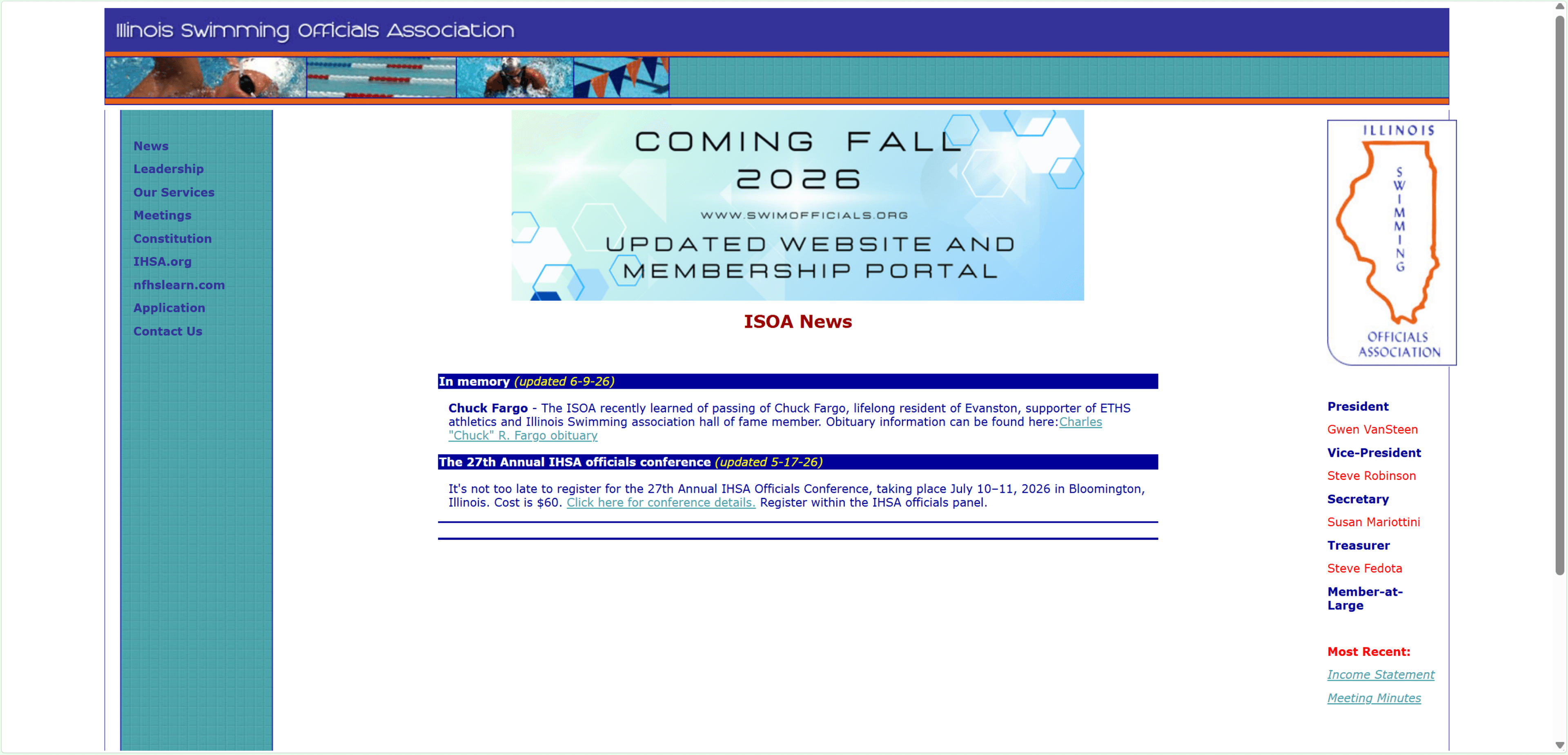 The previous ISOA website, with a tiled teal sidebar, dated news bars, and a small set of document links