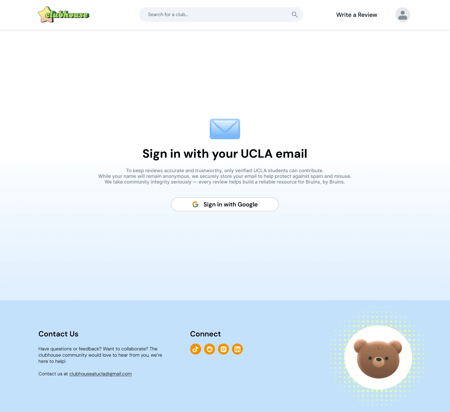 The sign-in screen as it was: a heading reading “Sign in with your UCLA email”, three lines about verification and anonymity, and a single “Sign in with Google” button