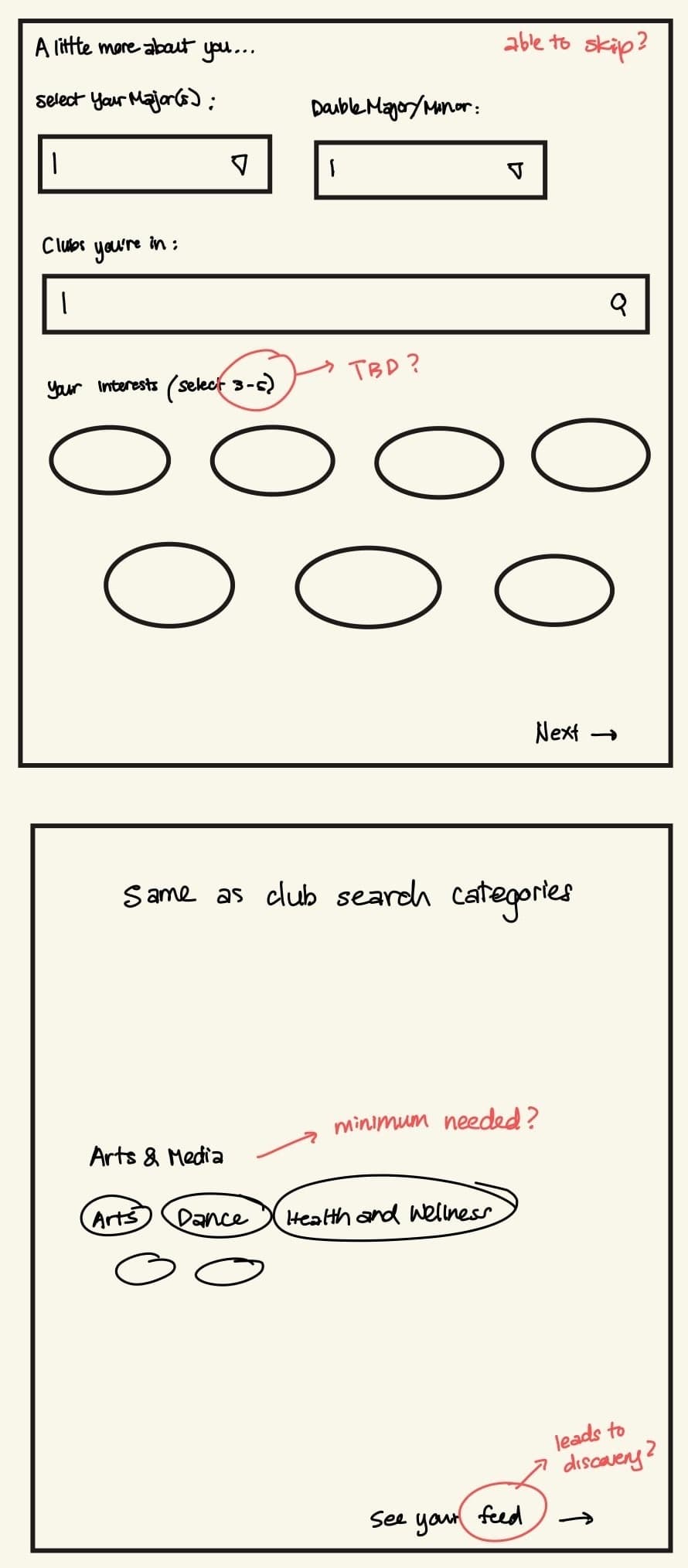 The first lo-fi sign-in sketch, asking for majors, clubs, and interests.